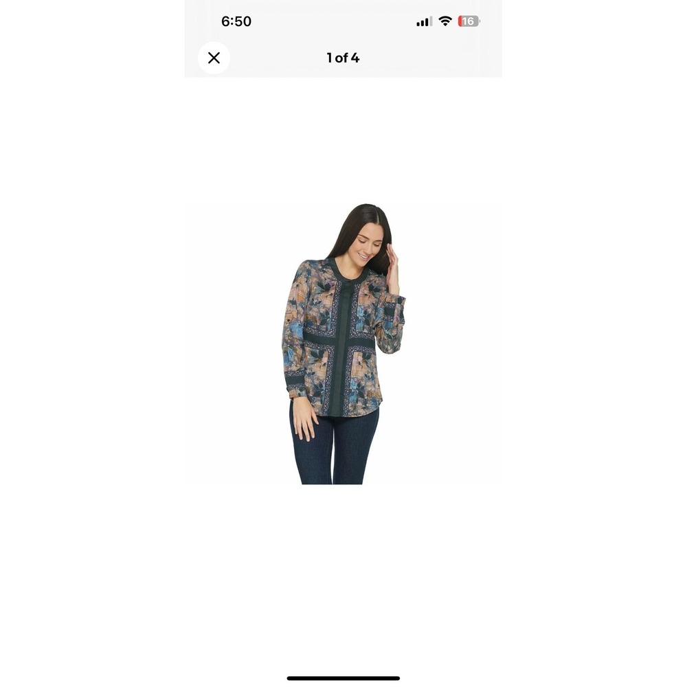 New Tolani Collection L Roll-Tab Sleeve Button‎ Front Top Navy Mosaic